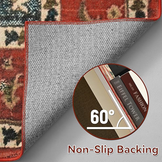 YJ.GWL Area Rugs for Living Room 10x14 Machine Washable Rugs, Non Slip Floral Vintage Rug Indoor Carpet, Stain Resistant Large Rug for Bedroom Dining Room, Orange-Red