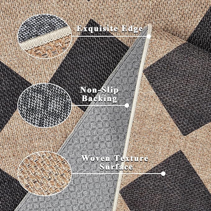 Checkered Easy Jute Rug 6x9 Outdoor Rug Large Washable Area Rugs for Living Room Bedroom Non Slip Neutral Farmhouse Indoor Outdoor Carpet for Backyard Patio Office