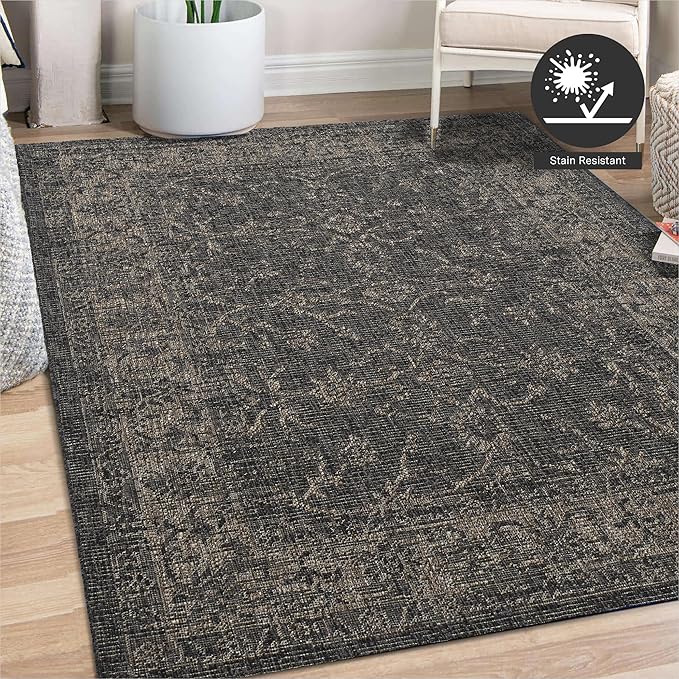 FH Home Outdoor Rug - Waterproof Easy to Clean Stain Resistant - Patio Indoor Outdoor Porch Deck Balcony Entryway - Vintage Distressed - Antalya - Gray - 5ft 2in x 7ft 6in