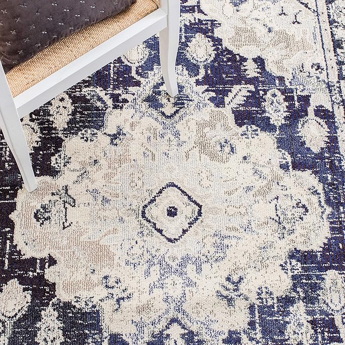 SAFAVIEH Monaco Collection Accent Rug - 4' x 5'7", Ivory & Navy, Boho Medallion Distressed Design, Non-Shedding & Easy Care, Ideal for High Traffic Areas in Entryway, Living Room, Bedroom (MNC243C)