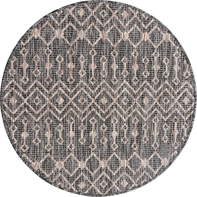 Unique Loom Outdoor Trellis Collection Area Rug - Tribal Trellis (3' 3" Round, Charcoal Gray/ Natural)