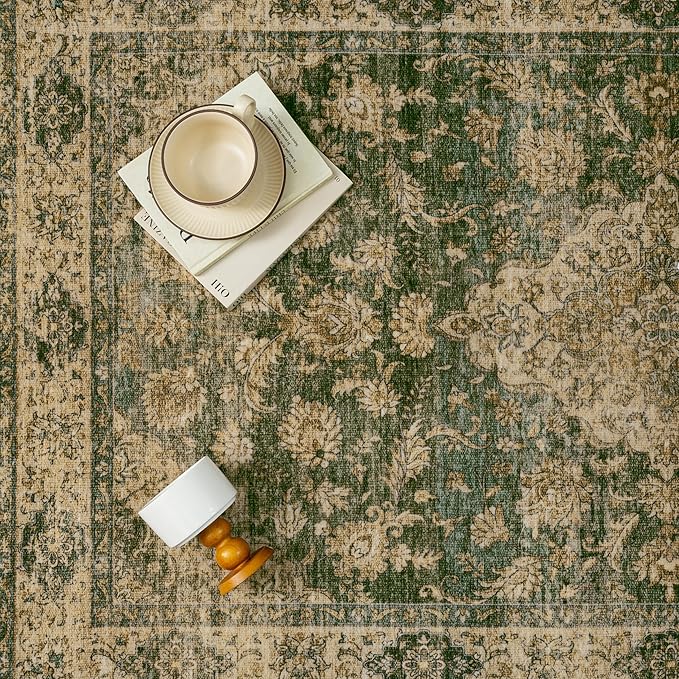 HUGEAR 2x10 Runner Rug Hallway Machine Washable Retro Green Vintage Floral Low Pile Carpet Distressed Long Throw Rug Bedroom Office Bathroom Kitchen Laundry Non Slip Soft Lightweight