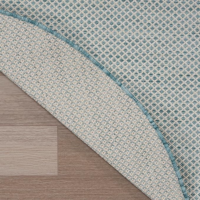 Nourison Home Courtyard Ivory Aqua 5' x Round Area Rug - Easy Clean, Non Shedding, Bed Room, Living Room, Dining Room, Kitchen (5' x Round)