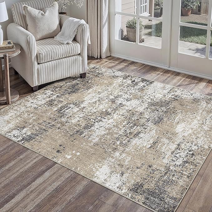 4x6 Abstract Area Rug Brown Washable Modern Neutral Office Carpet Non Slip Ultra Soft Indoor Entry Low Pile Small Door Mat Bedroom Contemporary Throw Rug for Kitchen Laundry Dinging Room
