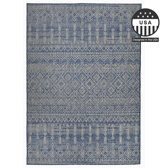 FH Home Flat Woven Outdoor Rug - Waterproof, Easy to Clean, Stain Resistant - Premium Polypropylene Yarn - Boho Moroccan - Large Patio, Deck, Sunroom - Dakar - Blue - 7ft 10in x 10ft 9in