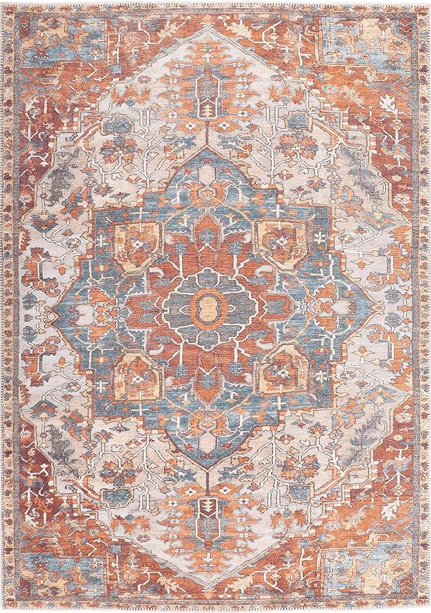 GLN Rugs Traditional Collection - Machine Washable Area Rug, Traditional Washable, Non Slip, Low Pile Chenille Rug, Living Room, Bedroom, Kitchen Rug (8' x 10' Cream/Terra)