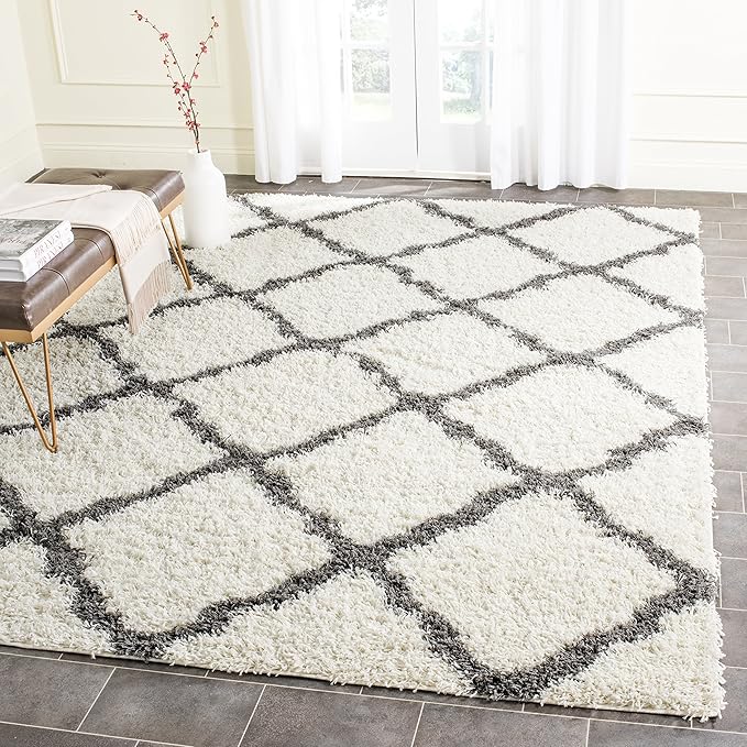 SAFAVIEH Area Rug 8x10 - Dallas Shag Collection - Large - Ivory & Dark Grey, Trellis Pattern, Non-Shedding & Easy Cleaning, Plush Thick Pile, Ideal for Living Room, Bedroom, Dining Space (SGD257H)