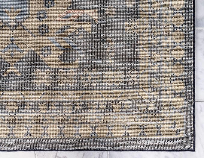 Unique Loom Taftan Collection Border Geometric Tribal Inspired Design Area Rug (5' 0 x 8' 0 Rectangular, Navy Blue/ Gold)