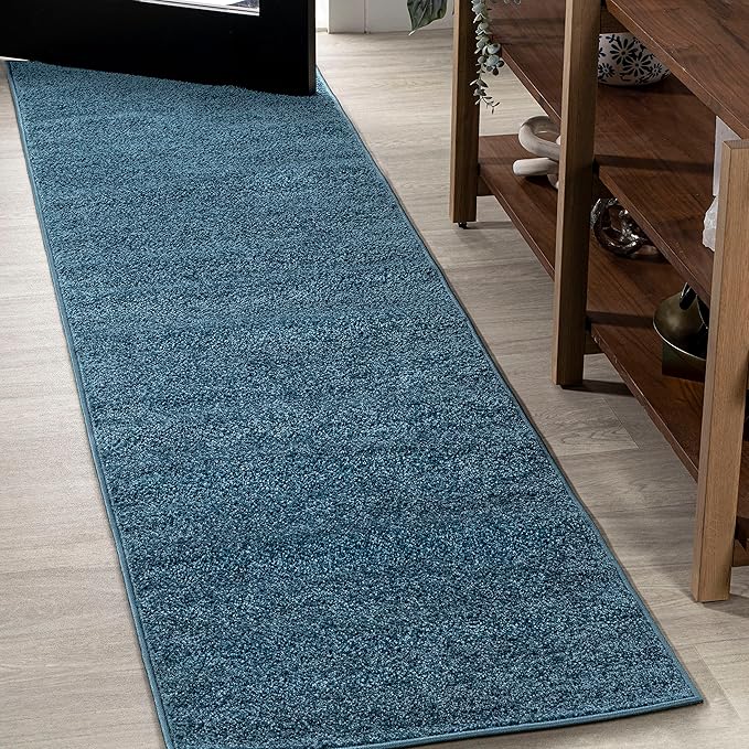 Eyely UES100H-212 Supersoft Haze Solid Low-Pile Indoor Runner Rug, Coastal, Bohemian, Minimalist, Classic, Casual for Bedroom,Kitchen,Living Room,Non Shedding,Easy-Washing, Blue, 2 X 12