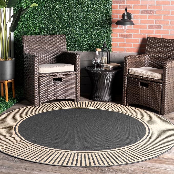 Nuloom Asha Dark Grey/Ivory, 6'7" Round, Casual, Striped Border, Soft and Cozy, High Traffic, Stain Resistant, Easy Clean, Durable Area Rug for Indoor/Outdoor Patio, Deck, Porch, Garden, Courtyard