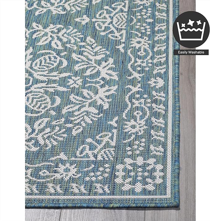 FH Home Flat Woven Outdoor Rug - Waterproof, Easy to Clean, Stain Resistant - Premium Polypropylene Yarn - Persian Farmhouse - Large Patio, Deck, Sunroom - Marbella - Ocean - 7ft 10 in x 10ft 9in