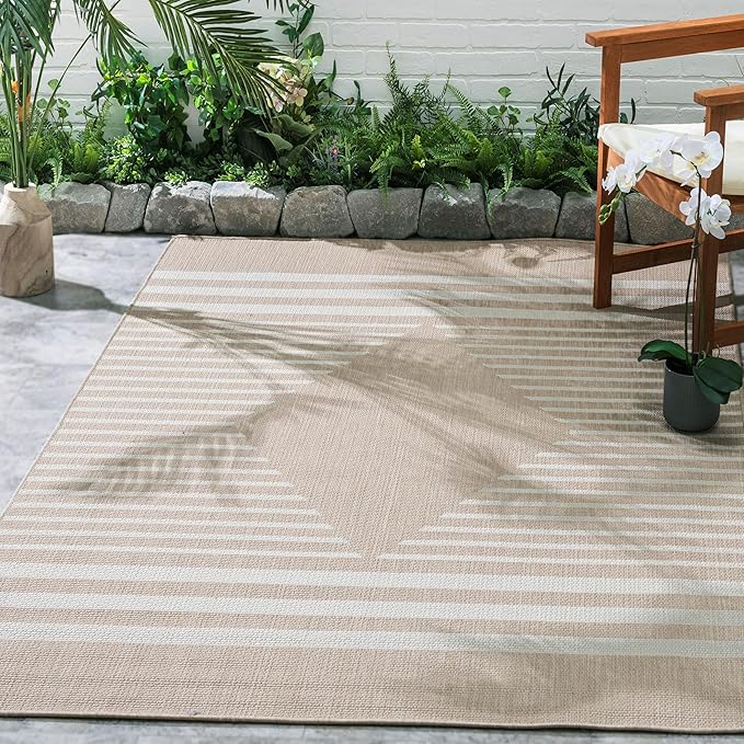 FH Home Flat Woven Outdoor Rug - Waterproof, Easy to Clean, Stain Resistant - Premium Polypropylene Yarn - Modern Geometric Kilim - Patio, Deck, Porch, Balcony - Mesa - Beige - 2ft 7in x 4ft 11in