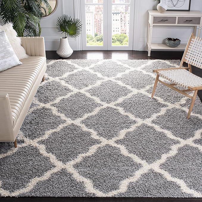 SAFAVIEH Dallas Shag Collection Area Rug - 10' Square, Grey & Ivory, Trellis Design, Non-Shedding & Easy Care, 1.5-inch Thick Ideal for High Traffic Areas in Living Room, Bedroom (SGD257G)