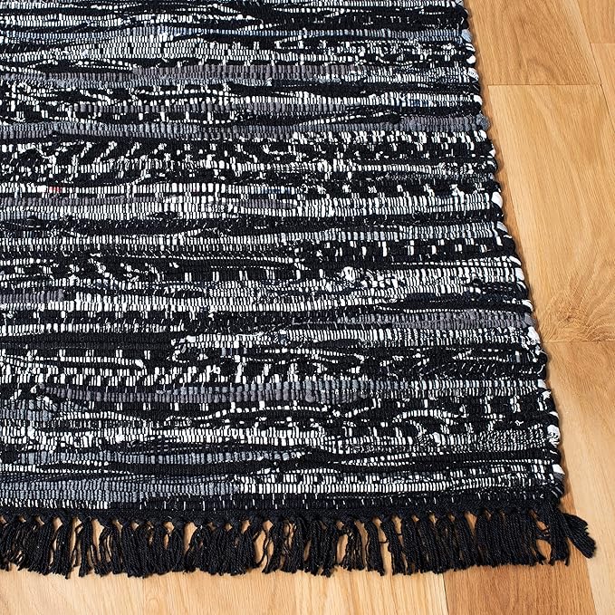 SAFAVIEH Rag Rug, Collection RAR121Z Handmade Boho Stripe Cotton Entryway Foyer Living Room Bedroom Kitchen Area Rug, 4', Round Black