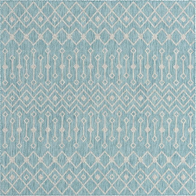 Unique Loom Outdoor Trellis Collection Area Rug - Tribal Trellis (7' 10" Square, Aqua/ Ivory)
