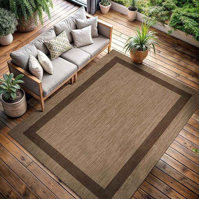 CAMILSON Outdoor Rug 6x9 - Modern Outside Rugs for Patios Porches Waterproof Durable Washable Non-Shedding, Easy-to-Clean Indoor Outdoor Area Carpet (6 x 9, Bordered - Jute)