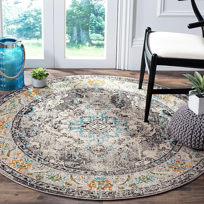 SAFAVIEH Monaco Collection Area Rug - 5' Round, Grey & Light Blue, Boho Chic Medallion Distressed Design, Non-Shedding & Easy Care, Ideal for High Traffic Areas in Living Room, Bedroom (MNC243G)