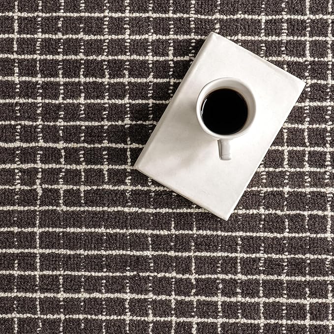 Rugs USA 2'6" x 8' Melrose Checked Wool Indoor Runner Rug, Contemporary Farmhouse Charcoal/Ivory for Living Room, Bedroom, Office, Entryway, Hallway