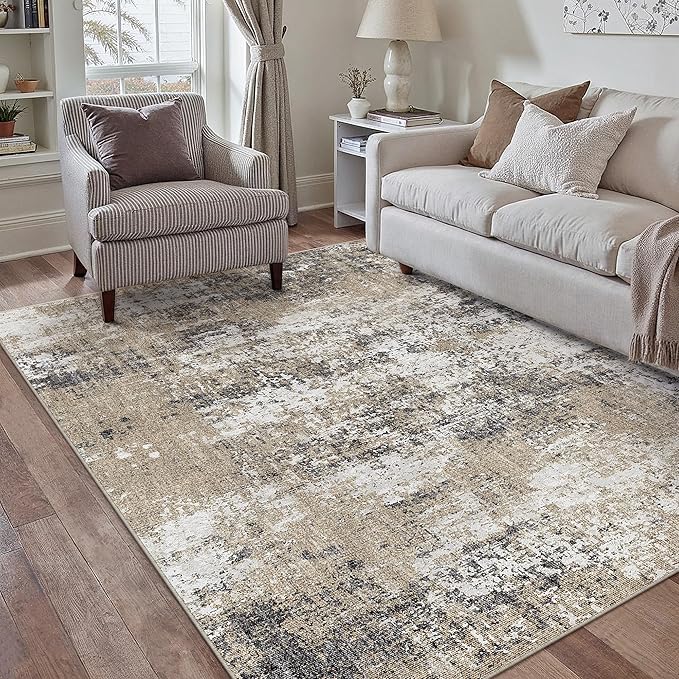4x6 Abstract Area Rug Brown Washable Modern Neutral Office Carpet Non Slip Ultra Soft Indoor Entry Low Pile Small Door Mat Bedroom Contemporary Throw Rug for Kitchen Laundry Dinging Room