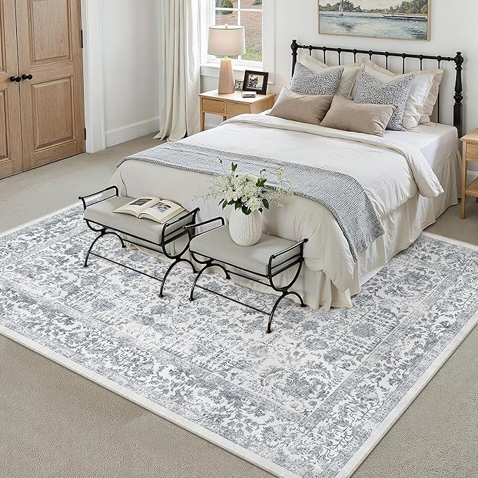 Navy Blue Area Rug 8x10 Machine Washable Large Vintage Living Room Distressed Non Slip Carpet Traditional Indoor Bedroom Retro Floral Accent Throw Rug for Office Kitchen Dining Room