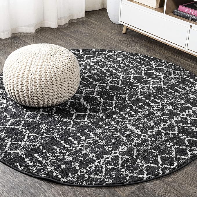 JONATHAN Y Boho Vintage Diamond Black/Ivory Round Area Rug 7 ft, Moroccan Hype for Living Room, Bedroom, Kitchen, Office, Easy-Cleaning, High Traffic, Pet-Friendly, Non-Shedding (MOH101D-7R)