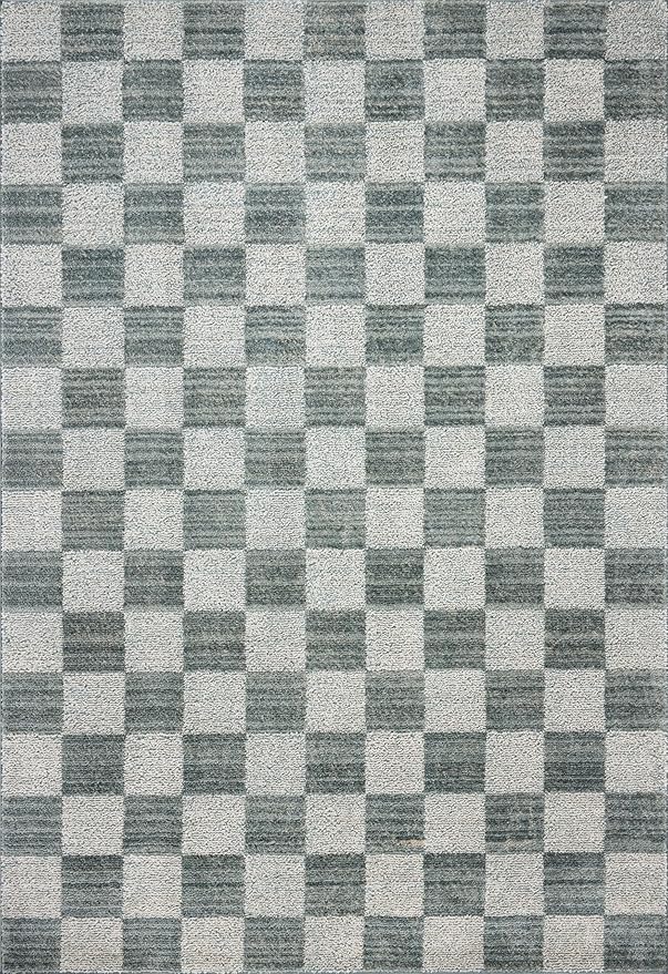 Loloi Chris Loves Julia Calvin Collection CLV-01 Blue/Ivory 2'-7" x 10'-0" Runner Rug Checkered Neutral Soft Living Room Bedroom Carpet