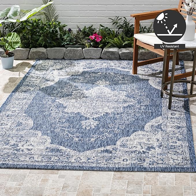 FH Home Outdoor Rug - Waterproof Easy to Clean Stain Resistant - Patio Indoor Outdoor Porch Deck Balcony Entryway - Vintage Distressed - Gorgan - Blue - 4ft x 5ft 7in
