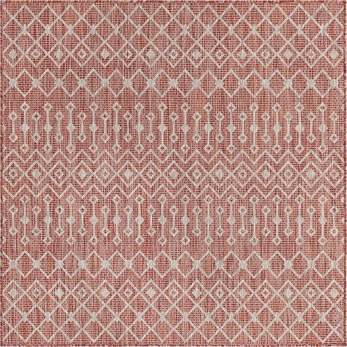 Unique Loom Outdoor Trellis Collection Area Rug - Tribal Trellis (5' 3" Square, Rust Red/ Ivory)