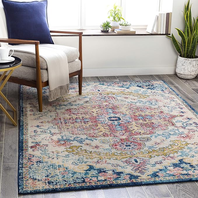 Livabliss Area Rugs - 8ft Round Odelia Vintage Boho Aqua Burgandy Blue Round Area Rug for Living Room Bedroom - Floral Medallion Stain Resistant Carpet for Kitchen, Nursery, Office (7'10" Round)