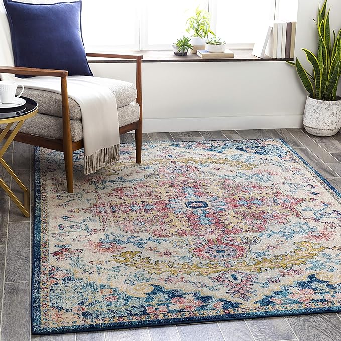 Livabliss Area Rugs - 5ft Round Odelia Vintage Boho Aqua Burgandy Blue Round Area Rug for Living Room Bedroom - Floral Medallion Stain Resistant Carpet for Kitchen, Nursery, Office (5'3" Round)