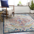 Livabliss Area Rugs - 5ft Round Odelia Vintage Boho Aqua Burgandy Blue Round Area Rug for Living Room Bedroom - Floral Medallion Stain Resistant Carpet for Kitchen, Nursery, Office (5'3" Round)