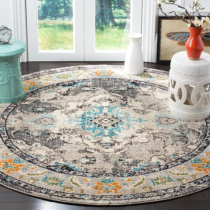 SAFAVIEH Monaco Collection Area Rug - 8'8" Round, Grey & Light Blue, Boho Chic Medallion Distressed Design, Non-Shedding & Easy Care, Ideal for High Traffic Areas in Living Room, Bedroom (MNC243G)