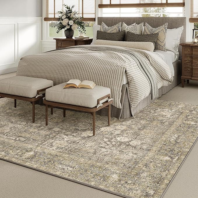 Brown Area Rug 6x9 Machine Washable Vintage Living Room Distressed Non Slip Carpet Traditional Indoor Bedroom Retro Floral Accent Throw Large Rug for Office Kitchen Dining Room
