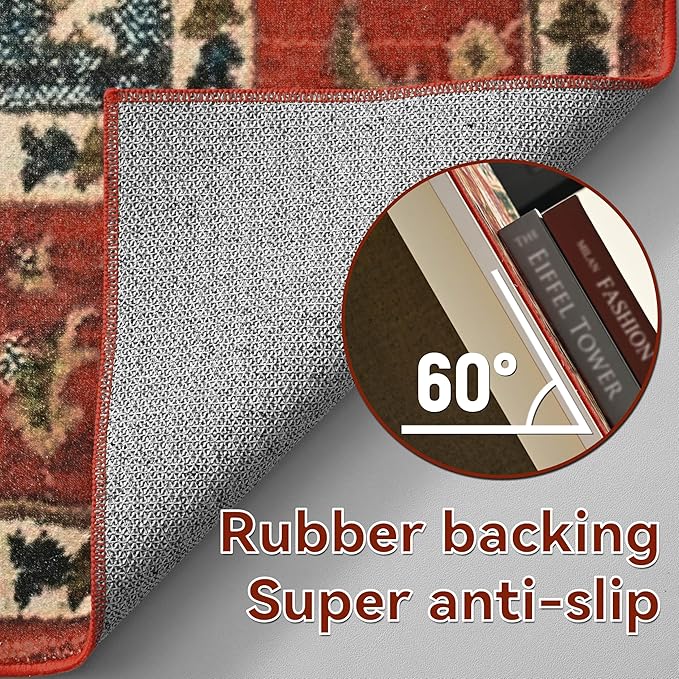 YJ.GWL 2x6 Rug Runners for Hallways, Non Slip Kitchen Washable Long Runner Rugs, Soft Floral Vintage Carpet Runner for Livingroom Bedroom Bathroom Entryway, Orange-Red