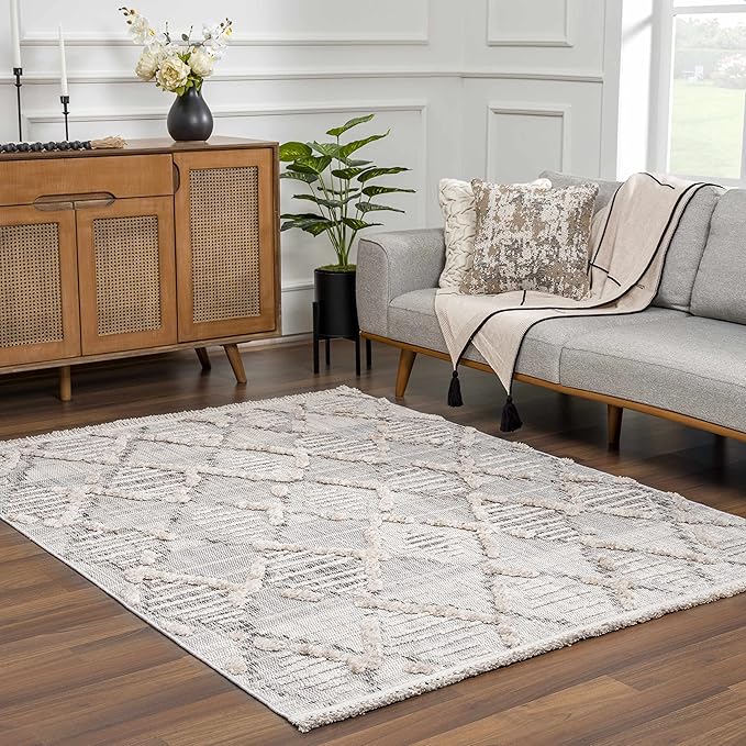 Hauteloom Bogtong Farmhouse Living Room Bedroom Moroccan Trellis Area Rug - Soft Shaggy High Low Carpet - High Pile - Bohemian, Boho - Gray, Beige, Cream - 7'10" x 10'