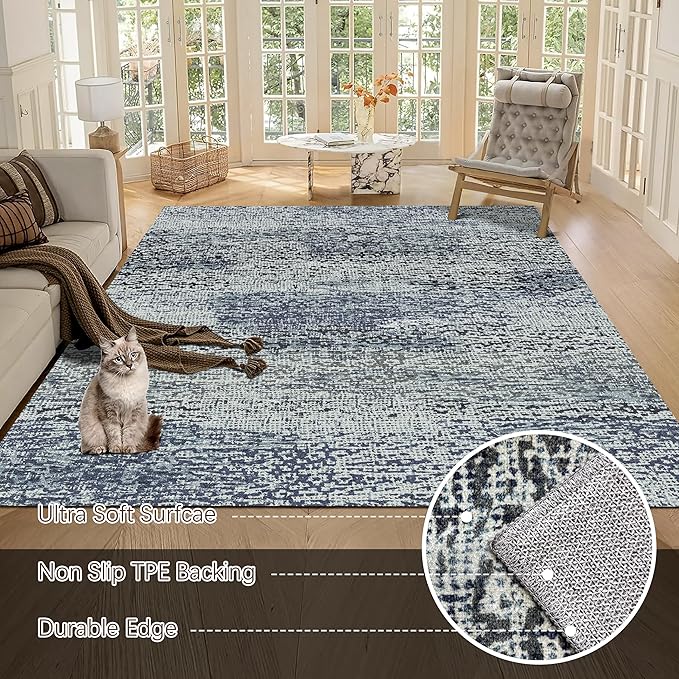 RUGSURE Washable Area Rug - 1/6 Thick - Stain & Water Resistant Non-Slip - Resistant Rug for Living Room, Bedroom, Nursery, Pet & Child Friendly, Vintage Charm Area Rugs (Grey+LightTeal, 9' x 12')