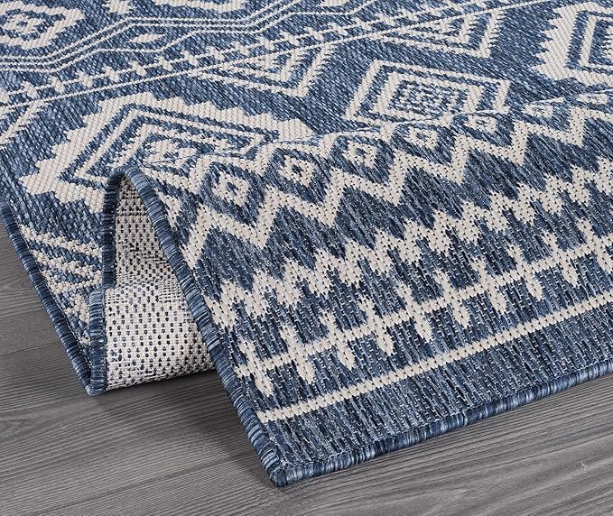 Beverly Rug Waikiki Boho Indoor Outdoor Rug 5x7, Washable Outside Carpet for Patio, Deck, Porch, Bohemian Area Rug, Farmhouse Rugs, Aztec Tribal Rug, Azure and White