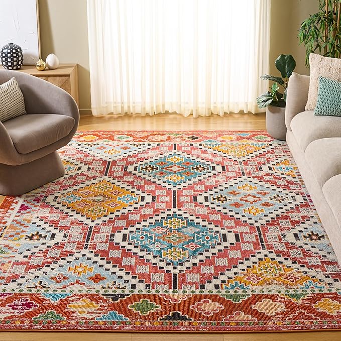 SAFAVIEH Madison Collection Area Rug - 10' x 14', Rust & Pink, Boho Diamond Distressed Design, Non-Shedding & Easy Care, Ideal for High Traffic Areas in Living Room, Bedroom (MAD418Q)