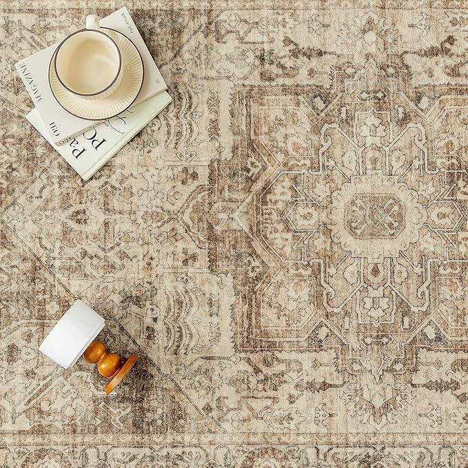 Brown Multi Area Rug 9x12 Vintage Washable Distressed Living Room Carpet Large Indoor Non Slip Traditional Medallion Retro Low Pile Accent Throw Rug Bedroom Kitchen Office Dining Room