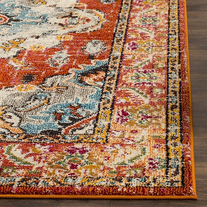 SAFAVIEH Monaco Collection X-Large Area Rug - 12' x 18', Orange & Light Blue, Medallion Distressed Design, Non-Shedding & Easy Care, Ideal for High Traffic Areas in Living Room, Bedroom (MNC243H)