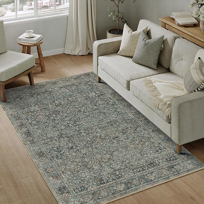Area Rug 4x6 Gray Entryway Office Washable Vintage Carpet Non Slip Indoor Kitchen Door Mat Retro Traditional Accent Grey Throw Small Rug for Bathroom Bedroom Dining Living Room