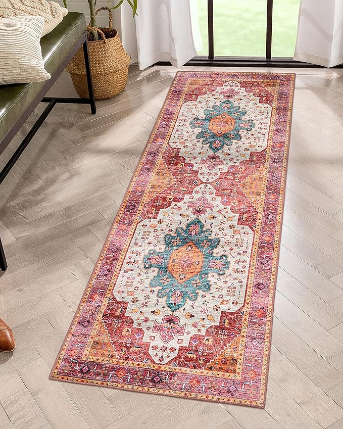 Moynesa Ultra-Thin Washable Runner Rug - Pink 2x5 Bathroom Rug Low Pile Hallway Rug Runner, Non Slip Pet Friendly Indoor Floor Carpet Runner for Kitchen Living Room Bedside Laundry Room