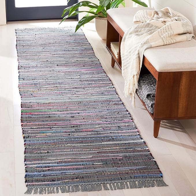 SAFAVIEH Rag Rug Collection Runner Rug - 2'3" x 9', Aqua & Multi, Handmade Boho Stripe Cotton, Ideal for High Traffic Areas in Living Room, Bedroom (RAR121K)