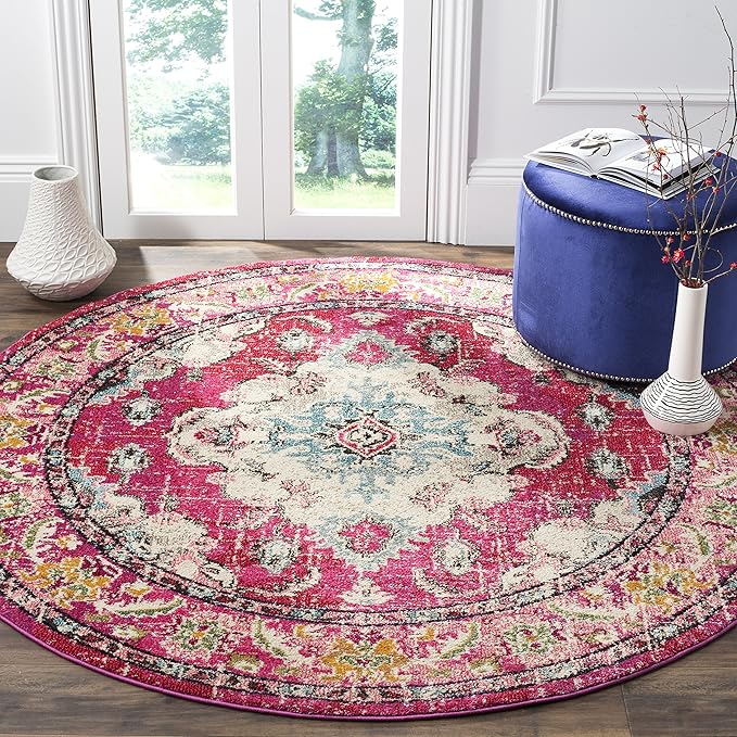 SAFAVIEH Monaco Collection Area Rug - 4' Round, Pink & Multi, Boho Chic Medallion Distressed Design, Non-Shedding & Easy Care, Ideal for High Traffic Areas in Living Room, Bedroom (MNC243D)