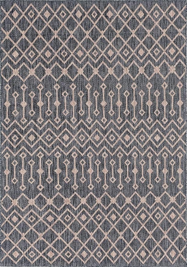 Unique Loom Outdoor Trellis Collection Area Rug - Tribal Trellis (7' 1" x 10' Rectangle, Charcoal Gray/ Natural)