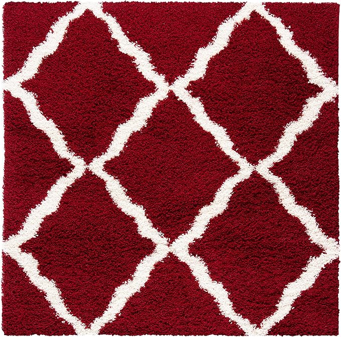 SAFAVIEH Dallas Shag Collection Area Rug - 6' Square, Red & Ivory, Trellis Design, Non-Shedding & Easy Care, 1.5-inch Thick Ideal for High Traffic Areas in Living Room, Bedroom (SGD257Q)
