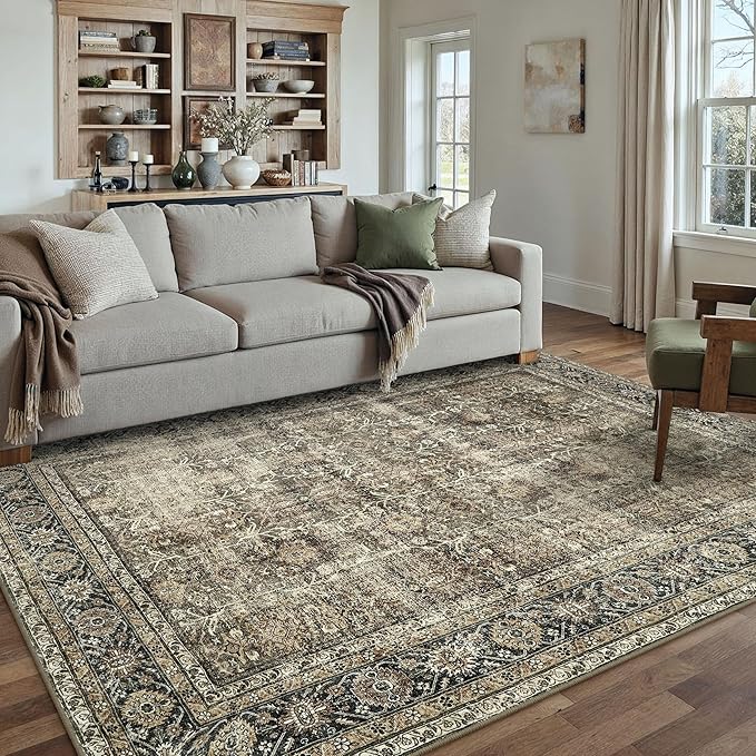 Vintage Area Rug 5x8 Brown Washable Living Room Large Carpet Non Slip Bedroom Indoor Office Low Pile Traditional Distressed Retro Accent Rug for Dining Room Bathroom Kitchen