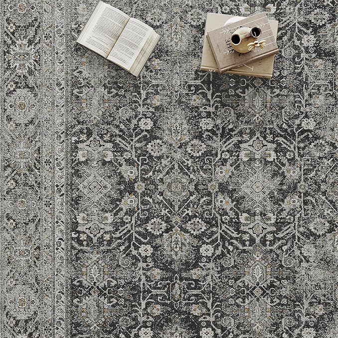 Black Runner Rug 2x10 Vintage Area Carpet Hallway Long Indoor Kitchen Washable Living Room Low Pile Traditional Distressed Retro Accent Throw Rug Non Slip Laundry Bathroom Office Dining Room