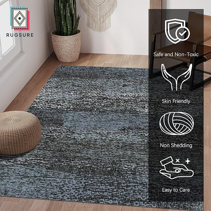 RUGSURE Washable Area Rug - 1/6 Thick - Stain & Water Resistant Non-Slip - Resistant Rug for Living Room, Bedroom, Nursery, Pet & Child Friendly, Vintage Charm Area Rugs (Darkgrey+Bule, 6' x 9')