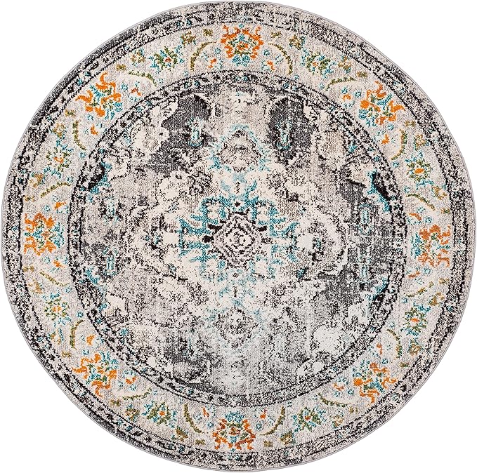 SAFAVIEH Monaco Collection Area Rug - 5' Round, Grey & Light Blue, Boho Chic Medallion Distressed Design, Non-Shedding & Easy Care, Ideal for High Traffic Areas in Living Room, Bedroom (MNC243G)